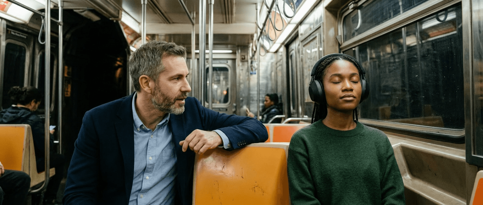 A person on a subway with headphones on, eyes closed. The man next to her is mid-sentence.