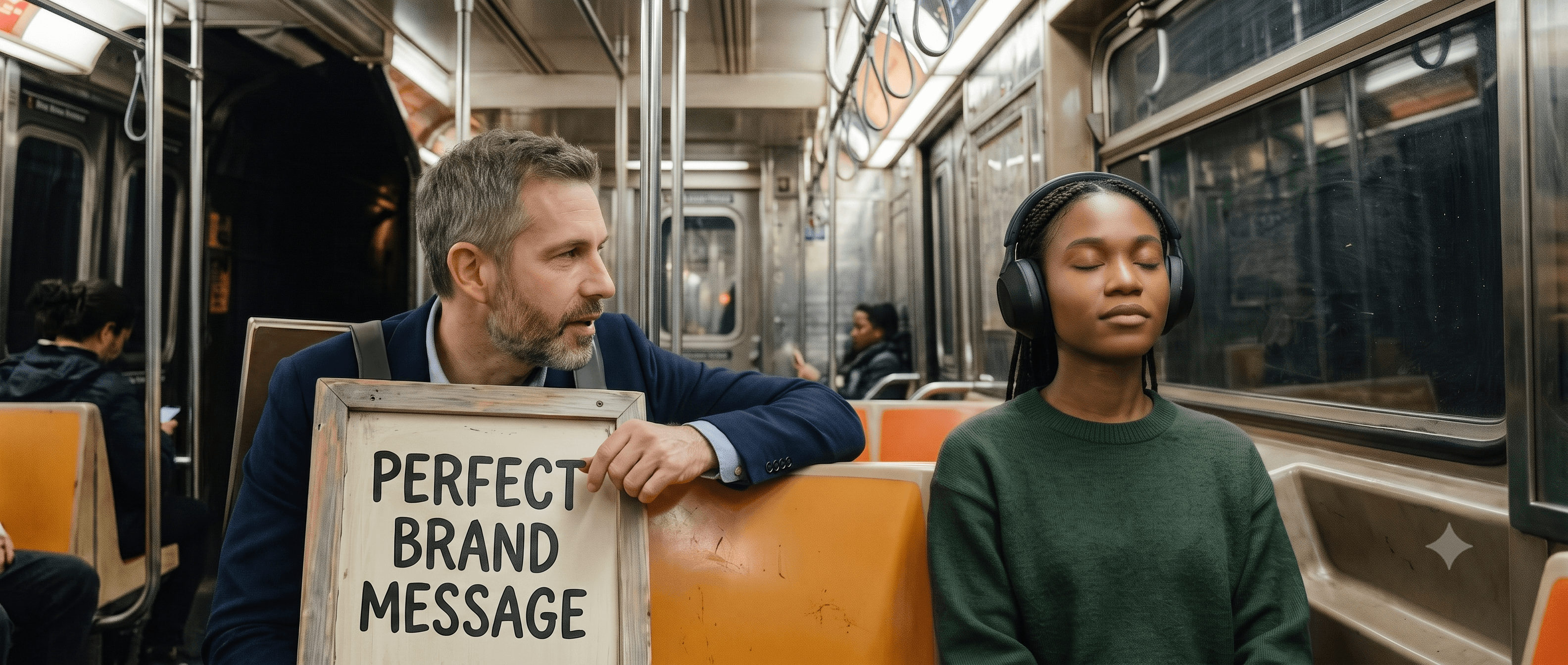 A woman on a subway with headphones on, eyes closed, while the man beside her holds up a sign reading 'Perfect Brand Message'.